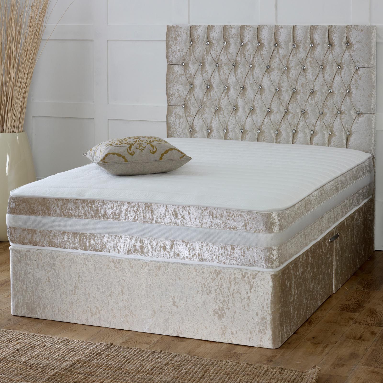 CREAM, 3FT O DRAWERS Crushed velvet divan bed with memory foam mattress & headboard 